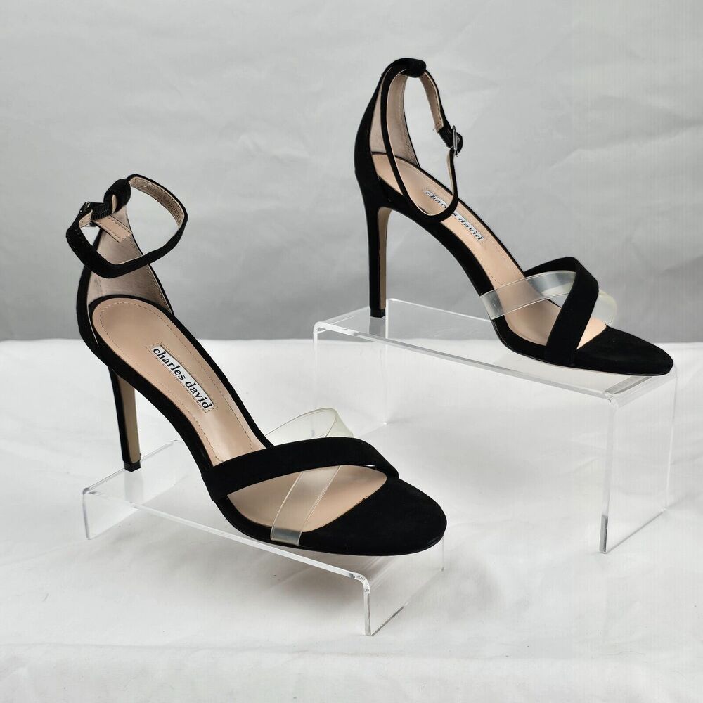 Charles David Sandals Women 7.5 Black Courtney Leather Buckle Heels NIB